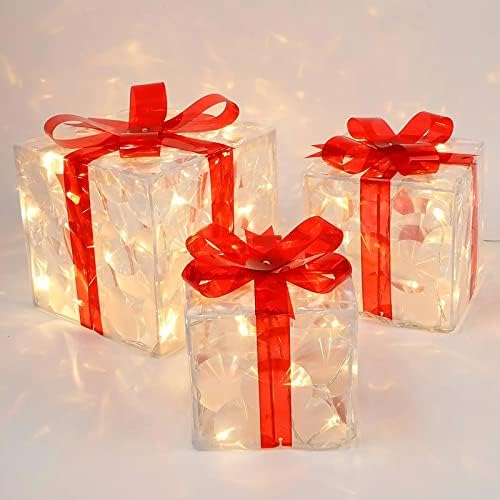 Коледна Украса в Подарък Кутии с led Подсветка, Прозрачни Кутии с Подсветка и Лък, Коледна Украса и за подарък на