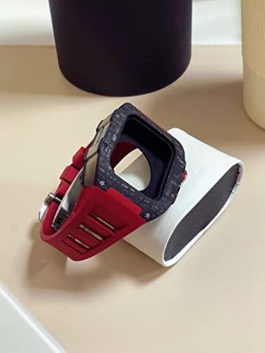 Нов комплект модификация на Apple Watch Серия 7 Метален корпус 45 мм + силикон каишка За iWatch 44 SE 6 5 4 Седалките са изработени от въглеродни влакна, каишка от каучук (Цвят: зла