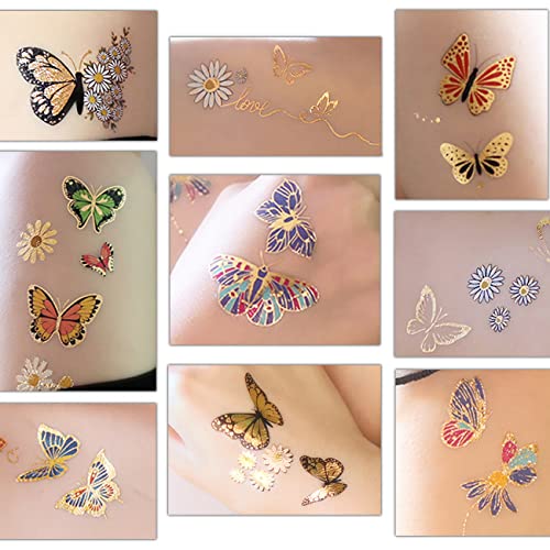 Татуировка с блестяща пеперуда CHARLENT за момичета - 93 БР., Временна Татуировка с Блестяща Златна Пеперуда и Маргариткой