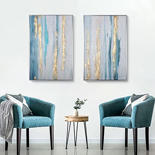 Zessonic Blue and Gold Abstract Wall Art - Абстрактен декор на стените с морска гледка в нюанси на синьо, златисто и бяло, с ръчно текстура за всекидневна, спалня, офис, 24 x 36, в рамка, го?