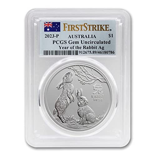2023 rv 1 унция Сребро монети Австралийската лунна серия III Year of the Rabbit, Скъпоценен камък, без лечение (етикет с флага на първи удар), $ 1 бр., скъпоценен камък