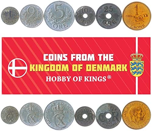 6 Монети от Дания | Колекция Датски монети 1 2 5 10 25 Руда 1 Крона | В обращение 1941-1947 | Christian X