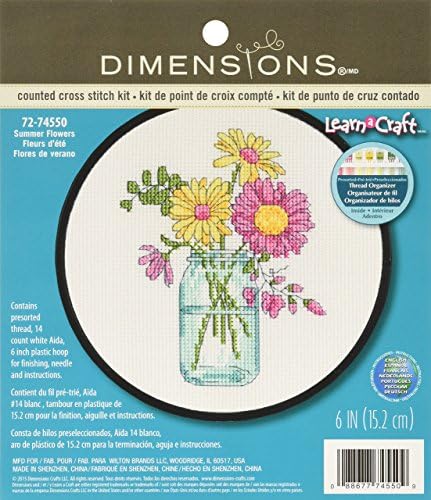 Комплект за бродерия на кръстат бод Dimensions Summer Flowers за Начинаещи, Бяла кърпа Aida 14 Count, 6 D