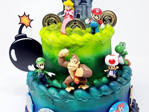 Набор от топперов за тортата Mario Brothers от 23 теми с участието на замъка Mario, бомби, монети Марио, 6 фигурки Марио, включително Марио, Луиджи, принцеса Праскова, Жаба, Йоши