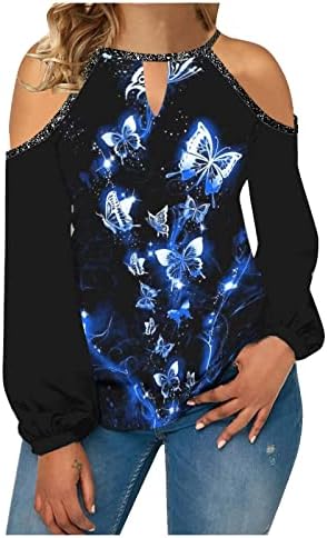 NOKMOPO Дамски Блузи с дълъг ръкав, Модни и Ежедневни Темпераментен Тениска с кръгло деколте и открити Рамене В едно цвете, за