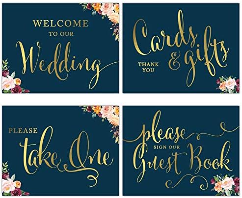Табели за сватбени партита Andaz Press без рамка, 8,5x11 инча, тъмно синьо Бордо Коралови цветя с метални златисти мастило, Добре