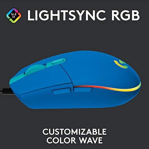 Жичен детска мишка Logitech G203 на the Prodigy, 8000 точки на инч, RGB Светлина, 6 Програмируеми бутони вградена памет, Съвместима с PC / Mac - Син