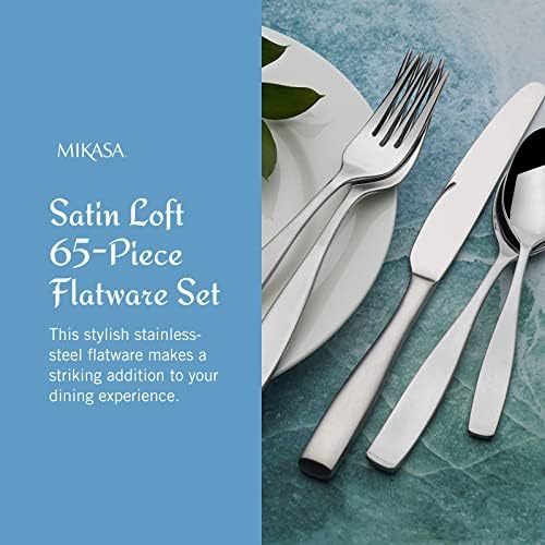 Сервировочная прибори Mikasa Satin Loft 18/10 неръждаема Стомана, Набор от прибори за хранене от 65 теми, Маса за 12