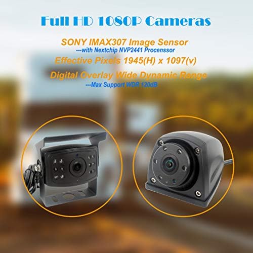 CAMSLEAD Система резервна камера с 9-инчов 1080P екран, Запис от видеорегистратора, Четириядрен Разделен екран, Монитора 1080P + 2 Камери за странично мнение 1080P + 1 Камера за з?