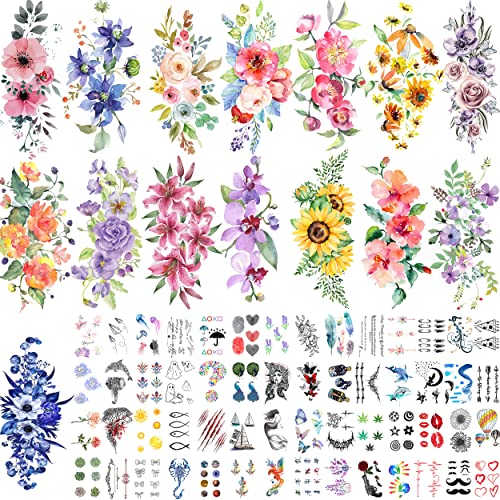 Quichic 240 + Дизайн на Цветя Татуировка е Временна Татуировка с Къс Ръкав за Жени Момичетата на Реалистични Цветя Татуировки Големи