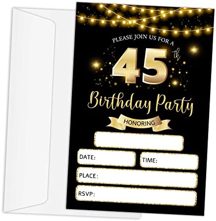 RLCNOT Покани Картички на 45-ти Рожден Ден с Конвертами, Определени от 20 Класически Черно-Златни Покани на рожден Ден, за