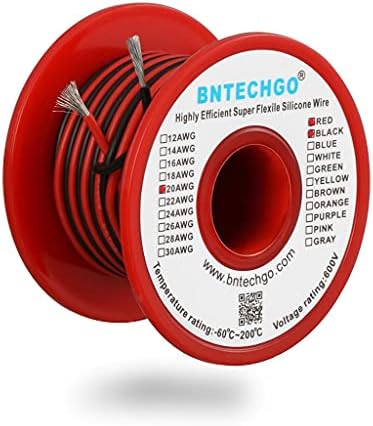 Макара за силиконовата тел BNTECHGO 20 калибър 25 фута Червено и 25 фута черно 2 Отделни кабели Гъвкави Блокирани
