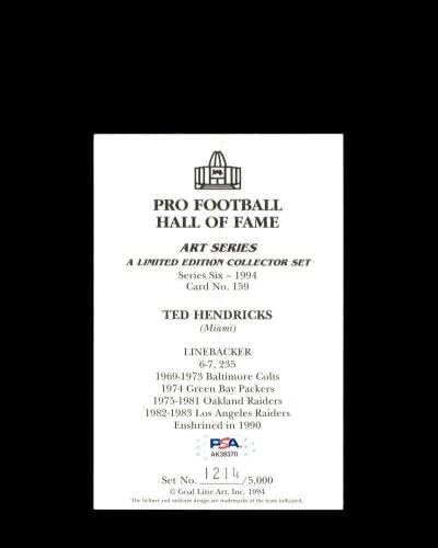 Тед Хендрикс, PSA DNA Coa, Подписано Картинна карта на гол Линията с Автограф GLAC - Футболни картички с автографи