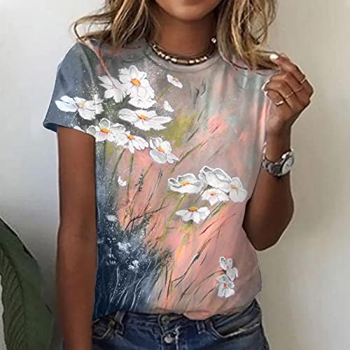 Най-Тениска за Момичета Есен-Лято, Памучен Тениска с кръгло деколте и Лодка деколте с Къс Ръкав и Графичен Цветен Модел QG