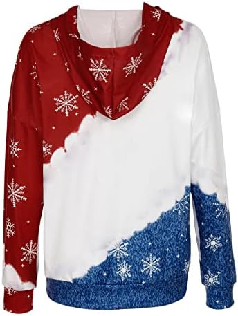 Коледна Hoody за Жени, Пуловер с качулка във формата на Снежинки, Блузи с качулка, Блузи с Дълъг Ръкав, Блузи с Цветен Блок,