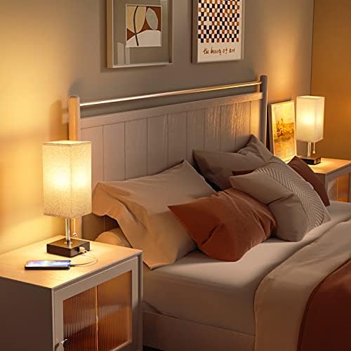 Нощни лампи за спалня-Комплект от 2 Настолни лампи за Прикроватной нощни шкафчета с USB портове, Малка Нощна лампа със Сив Филтър абажуром за Торцевого масата в Хола,