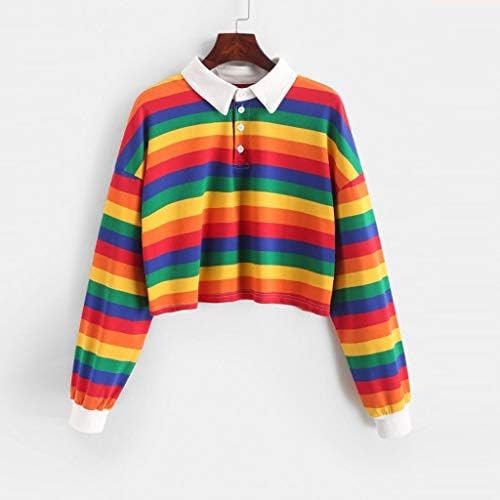Многоцветни Ризи с отстрочкой, Потници, Дамски Тениски с дълъг ръкав и Копчета, Райета Яка с Ревери и Принтом