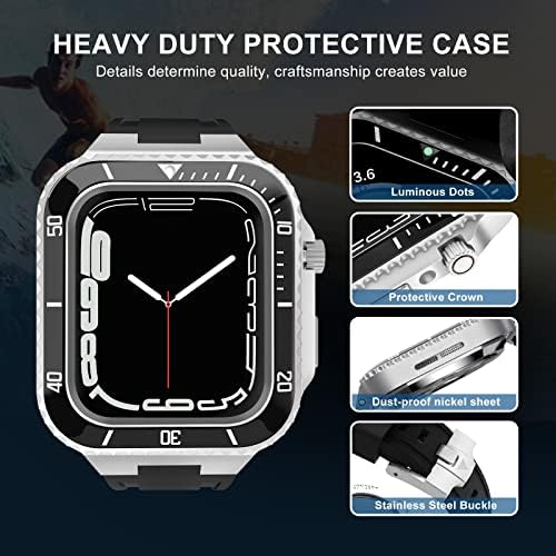 AZANU министерството на отбраната Kit за Apple Watch 8 7 6 5 4 3 SE Метален bezel и гумена каишка за часовник Корпус от неръждаема стомана за iWatch Series Band 7 45 мм 44 мм 42 мм (Цвят: 10 мм Златн