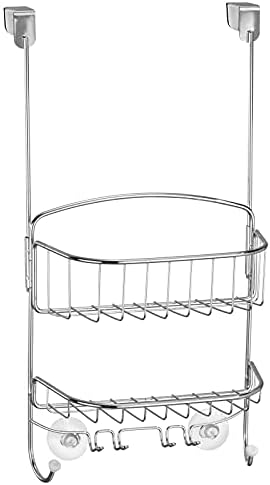 mDesign Стоманен Висящ Органайзер за съхранение на душ-кабината с 2 кошници, 6 куки - Полк-стойка за баня - Побира