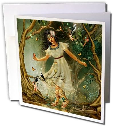 3d Момиче-индийката от далечното Минало на Разходка В гората, заобиколен от птици и пеперуди - Поздравителна картичка с