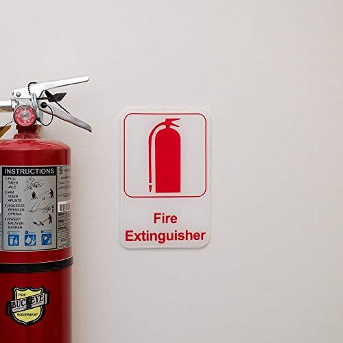 Знак пожарогасител - Бяло и Червено, 9 x 6 инча, Пожарникар изход / Знаци за пожарна безопасност от Tezzorio