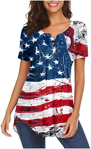 Дамски Блузи Летни Туники Хенли Размера на Плюс С Къс Ръкав, Удобна Тениска Копчета, Ризи с Принтом Американския Флаг в Звездната Ивица