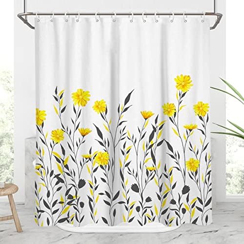 Прозрачни Жълто-сивата завеса за душ, Сиво Маргаритка, с цветен модел, Черни листа, Цветя, растения, Слънчоглед,