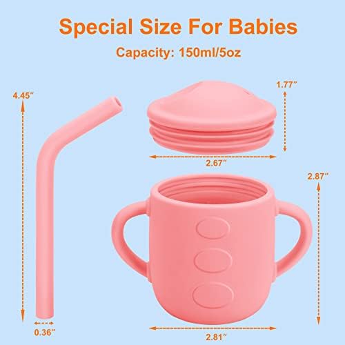 Rhswets Силиконови Спортни чаши за бебета със Сламен капак, Непроливающиеся Поилки за малки деца, Отворете чаша за Бебета от 6 месеца, 5 грама, Не съдържа BPA (розов)