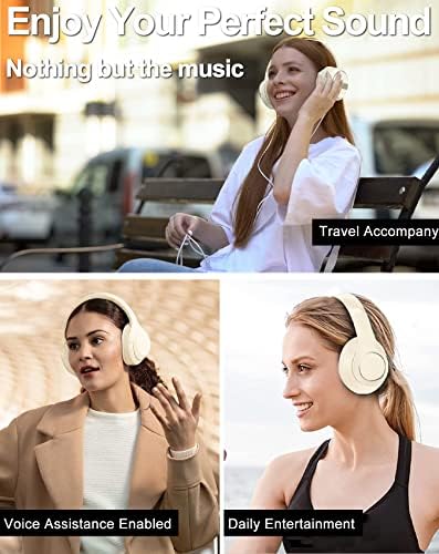 Безжични Bluetooth слушалки Intoberp на ухото, 40 часа възпроизвеждане, Безжични Слушалки с микрофон, Сгъваема леки слушалки със стерео звук Hi-Fi за пътуване и работа (бежов)