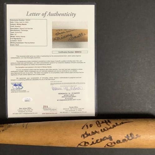 Мики Мэнтл Подписа Бейзболна Бухалка С КРАСИВ Надпис С Автограф на ню ЙОРК Янкис Baseball HOF JSA - Бейзболни