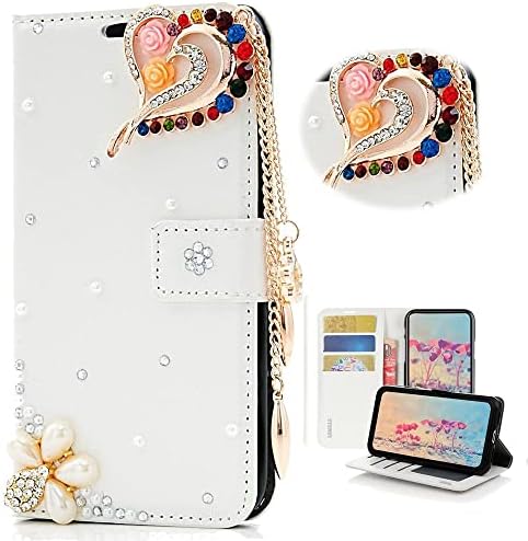 Чанта-портфейл STENES Bling за телефон, съвместим с Samsung Galaxy S23 - Стилен - 3D Висулка във формата на Розово сърце Ръчно изработени, Кожен калъф с каишка на врата и защитно фол
