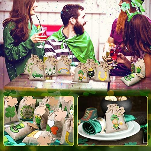 24 Комплект от Чанти за парти в чест на Деня на Свети Патрик, Подаръчни торби от зебло с зелен трилистником, Чанти за бонбони