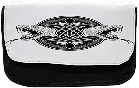 Foldout Келтски молив случай, Главата на Племето, 2 Змии, Тъканно Чанта за Моливи с двоен цип, 8,5 x 5,5, Черно-бял