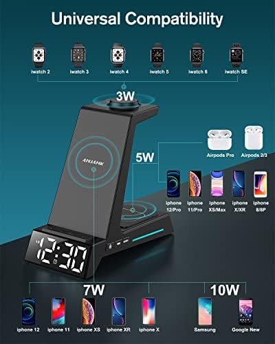 Безжична зарядно устройство - безжично зарядно устройство 4 в 1 будилник, док-станция за зареждане на iPhone 14/13/12/11/Pro/ Max/XR/XS/X/ 8 Plus/ Samsung Phone, за AirPods Pro / 3/2, Apple Watch 7/6/5 / SE/4/3/2