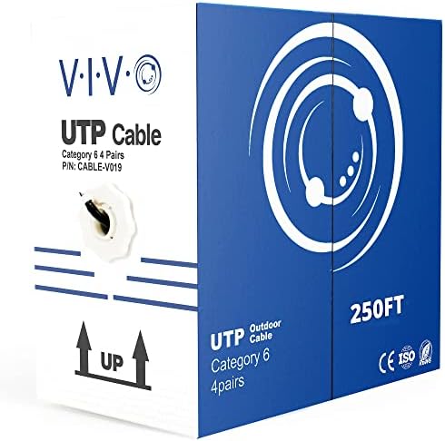 VIVO Черен 250 фута Оптичен кабел Cat6, CCA Ethernet, 23 AWG, UTP-кабел, Кабели Cat-6, Водоустойчив, За улицата, Пряко