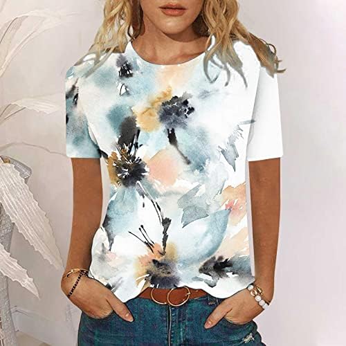 Дамски Памучен Тениска с Кръгло Деколте и Цветен Печат, Цветен Графичен Риза за Дами, Лято, Есен, OD, OD