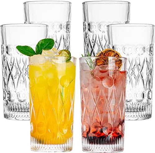 Кристални Чаши за хайбола Claplante, Комплект от 6 Стъклени Чаши за пиене, 11 грама, Трайни Чаши за Коктейли, Вода, Сок,