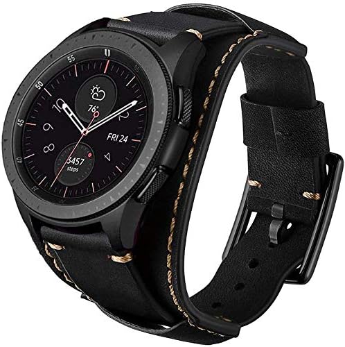 Въжета Sjiangqiao, съвместим с Samsung Galaxy Watch 5/Watch 4/Watch 42 мм/Watch 3 41 мм/Active 2 44 мм/ Active 40 мм/Gear Sport/S2 Classic/TicWatch 2, 20 мм Реколтата, каишки от естествена кожа с белезници (черни)