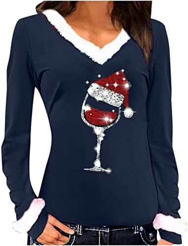 Дамски Коледни Върхове, Забавни Тениски с Графичен Дизайн във формата На Чаша за Вино, Всекидневни Пуловер с дълъг ръкав и V-образно деколте, Свободни и Удобни Тенис