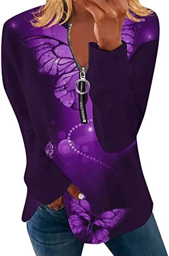 Дамски Пуловер с цип с V Образно деколте и Дълъг Ръкав, Потници, Модерни Ежедневни Блузи с 3D Принтом Пеперуди, Скъпа Блуза-Туника