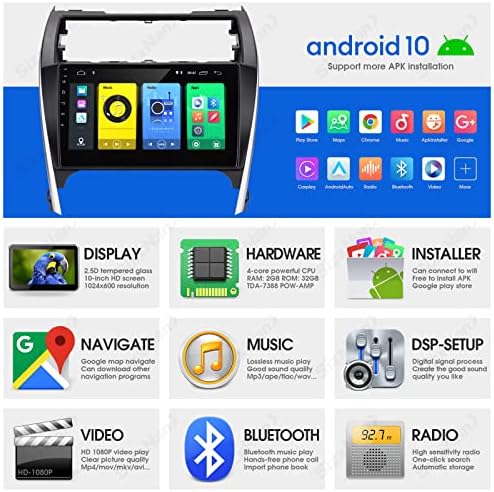 SizxNanv за Camry Android 10 Сензорен екран е Съвместим с Carplay Android Авто, Кола Стерео Радио Bluetooth Навигация мултимедиен плейър GPS WiFi FM/AM Камера за задно виждане за Toyota Camry 2012 2013 2014
