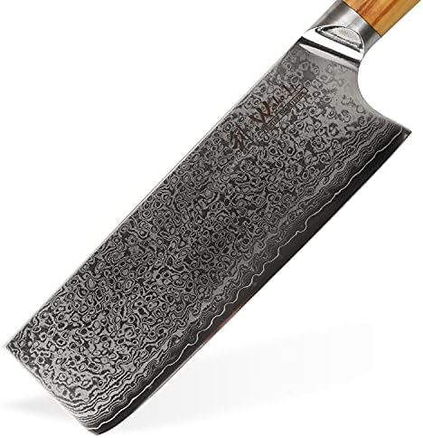 Острието на ножа Wakoli Damascus Nakiri 7-инчов изключително остро от 67 наслояване на този японски дамаск с дръжка от маслиново дърво, серия Oribu