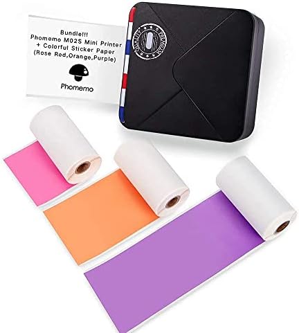 Преносим термопринтер Phomemo M02S-мини фотопринтер Bluetooth с 3 Ролята на цветна хартия за етикети, съвместим с iOS + Android