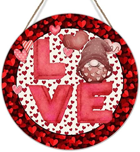 Свети Валентин Любов Джудже Добре Дошли Кръгла Табела на Входната Врата Червени Розови Точка Ленти Сърцето Венец Дървена Табела