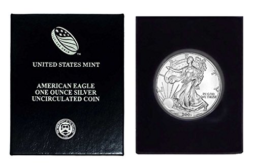 2001 - Американски Сребърен Орел в Пластмасов калъф Air Tite и кутия за Подарък с нашия сертификат за автентичност Долар Монетния двор на САЩ, Без да се прибягва