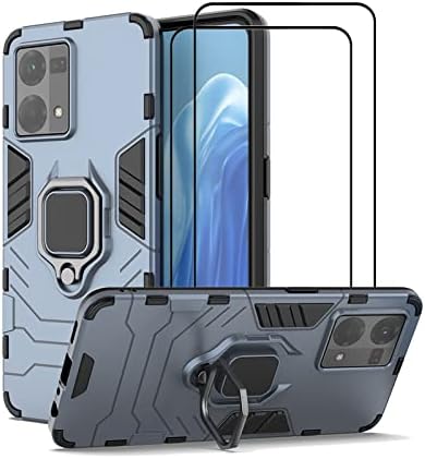 Съвместим с калъф Oppo Reno 7 4G Калъф-поставка с предпазно фолио за екран от закалено стъкло [2 бр.], Хибрид в двуслоен калъф за вашия телефон Heavy Duty Armor със защита от надрас