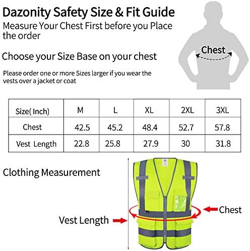 Жилетка за безопасност висока видимост Dazonity с множество джобове и цип, 20 парчета, L, Защитно облекло за джогинг