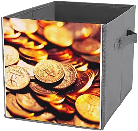 Златни Монети Сгъваеми Кутии За Съхранение Printd Тъканни Кошница-Кубчета Кутии с Дръжки за Дрехи, Играчки, 11x11x11