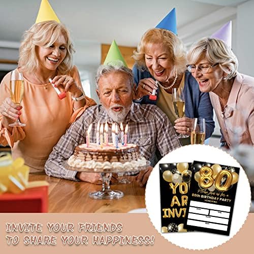 покани Картички на парти в чест на 80-годишнината на Черно-Златни Покани за Рожден Ден за възрастни, Двустранни