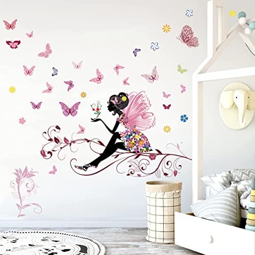 Supzone Пеперуда Момиче Стикер На Стената Цвете Фея Стикер На Стената Цветни Пеперуди Декор на Стените Vinyl DIY Стенопис